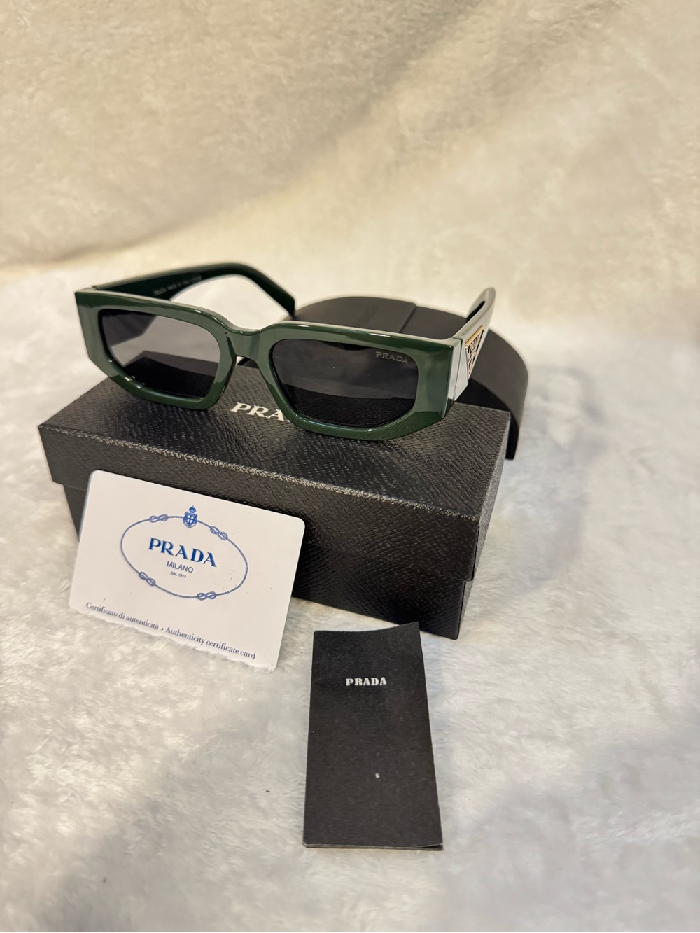 Prada Women’s Green Rectangular Acetate Sunglasses with Silver Logo Temple